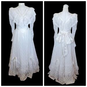 Vintage 70s Gunne Jessica Mcclintock Victorian Edwardian White Lace Wedding Gown